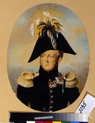 Porträtt av tsar Alexander I Pavlovich (1777-1825) (porträtt av kejsar Alexander I) bär olika hedersutmärkelser, inklusive korset med svart och guldband, den kejserliga och militära orden av Saint George (1:a till vänster), bandet korsa r