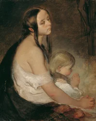 Mamma med barn under krucifixet