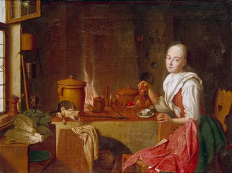 Dam i hennes kök En ung kvinna sitter på en kaffe framför brasan. Målning av Peter Jacob Horemans (1700-1776) (ec.flam.) 1700-talets München. Alte Pinakothek