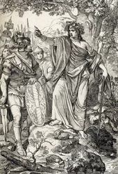 Germanicus kampanjer: "" Nero Claudius Drusus Germanicus (38-9 f.Kr.) och hans armé möter en ung kvinna i regionerna mellan Weser- och Elbefloderna, omkring 12 f.Kr." (Erövringen av Germanien: romangeneralen Nero Claudius Drusus Germanicus och hans armén n