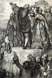 Firandet av den första federationsfesten den 14 juli 1790 vid Fäderneslandets altare på Marsfältet med anledning av ettårsdagen av stormningen av Bastiljen: kung Ludvig XVI, omgiven av sin familj, avlägger ed på författningen