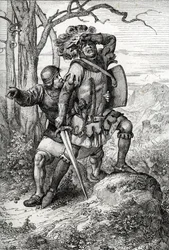Hertig Leopold I av Österrike, Herre av Habsburg räddar av en av sina följeslagare i slaget vid Morgarten den 15 november 1315 mot de schweiziska konfederationen, Schweiz (slaget vid Morgarten den 15 november 1315, Leopold I, hertig av Österrike räddad av 