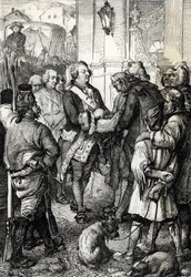 Franska revolutionen: kung Ludvig XVI tar emot den trefärgade kokarden av Paris borgmästare Jean-Sylvain Bailly