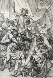 Heptarkin: framställning av den anglosaxiske ledaren Hengist (400-talet), som dödar sina fiender för att grunda kungariket Kent, cirka 461 (Den saxiska heptarkin: den anglosaxiske ledaren Hengist (eller Hengest) dödar sina fiender under invasionen av