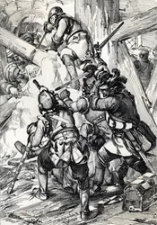 Kung Karl (eller Carl) XII av Sverige (1682-1718) försvarade mot turkarna i Bender (Bendery) februari 1713, Moldaie (förvisad kung Charles (Carl) XII av Sverige försvarade mot folkhopen och de osmanska janitsjarerna, Bender, februari 1713 ) Rita en penna f