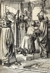 Kung Henrik II av England (1133-1189), inblandad i mordet på Thomas Becket, gör bot vid ärkebiskopens grav