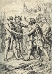 Landsättning av Hengest och Horsa, figurer av anglosaxiska legender, som beskriver de två som de germanska bröderna som ledde de vinkelska, sachsiska och jutiska arméerna som erövrade Storbritanniens första territorier på 500-talet Penna från "" Historisch