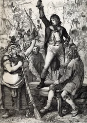 Franska revolutionens utbrott 1789: den församlade befolkningen uppmanas att välja färgen på en kokard och gripa till vapen