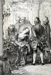 Drottning Caroline Mathilde av Danmark (1751-1775), tvingad att underteckna skilsmässohandlingarna efter sin utomäktenskapliga affär 1772. Pennteckning