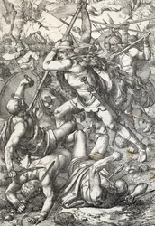 Framställning av erövraren Pelagius (Pelagius eller Pelayo) (död 737), kung av Asturien, triumferande över saracenerna, 719, Covadonga, Spanien (kung Pelagius av Asturien, visigotisk adelsman som grundade kungariket Asturien, i strid mot morerna, 719