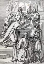 Representation av Saint Augustine of Canterbury (död 604), skickad till England av påven Gregoire den store 596 för att omvända anglosaxarna - Han är här inför Ethelbert, anglosaxisk kung av Kent (552? -616) som han döpte i 597 (Augustin, förste biskop o