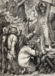 Representation av Sankt Bonifatius av Mainz (680-754) som hugger ner Thors ek för att övertyga druiderna att det inte är ett heligt träd (Saint Boniface (Bonifacius) som förstör Thors ek (Donar eller Joves ek) av de germanska hedningarnas heliga träd, att 