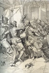 Streltsy-uppror: arrestering av medlemmar av streltsy-regementen (strelets) efter deras upphävande 1698 mot progressiva innovationer av tsar Peter den store, Ryssland (Streltsy-upproret: misstänkta medlemmar av Moskvas Streltsy-regementen arresterade efter