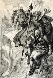 Kungen av romarna Henrik IV passerar passet av berget Cenis för att korsa Alperna och gå till grevinnan Mathilde av Toscana till Canossa där påven Gregoire VII, januari 1077” (Henry IV korsade Alperna genom Mont Cenis-passet för att nå slottet Canossa och