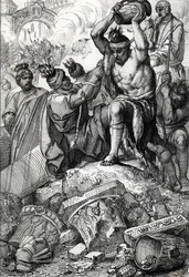 Romspåsen (Italien), år 410, tagen från staden och plundrad av västgoterna ledda av Alarik (370-410) (Romsäcken av västgoterna ledd av Alarik I 410, under kejsar Honorius regeringstid) Ritning en penna ritad från "Historische Memorabilian des In-