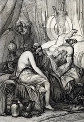 Hunnekungen Attilas (395-453) död i sömnen under bröllopsnatten med germanskan Ildico, 453 (Attilas, hunnernas härskares, död under bröllopsnatten, hans brud Ildico gråter över hans kropp, 453) Fjäderteckning efter ”Historis”