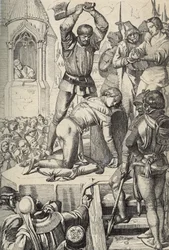 Avrättningen av Konradin (eller Konrad av Hohenstaufen), kung av Sicilien och hertig av Schwaben (1252-1268), på order av Karl av Anjou efter slaget vid Tagliacozzo år 1268 (Avrättningen av Konradin, eller Konrad den yngre, Siciliens siste stauferkung