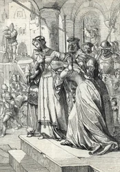 Avrättningen av Lady Jane Grey (Jeanne Grey) (1537-1554). Jane Grey avrättades 1554 i Tower of London. Fjäderteckning ur Anton Zieglers ”Historische Memorabilian des In- und Auslandes”