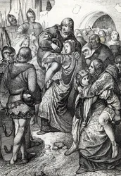 De trogna kvinnorna från Weinsberg: hustrurna till de soldater som besegrades vid belägringen av Weinsberg av Konrad III av Hohenstaufen år 1140 bär sina män på ryggen, Tyskland (De lojala hustrurna under belägringen av Weinsberg)