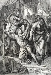 Poetiska tävlingen i slottet Wartburg i Tyskland 1207: Minnesangerna tävlar i poetiska spel, trubaduren Henri d