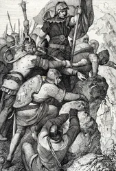 Trupperna från Othon I av Baviere (1117-1183) nära Verona i Italien 1155 (Otto I, hertig av Bayern och hans armé nära Verona, Italien 1155) Fjäderteckning från "Historische Memorabilian des In-und Auslandes"" (Historiska souvenirer) av Anton Ziegler