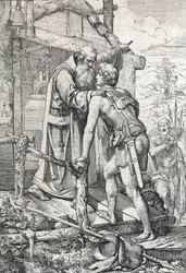 Den unge Odoacre (ca 433-493) tar emot välsignelsen av Severin, Apotre de Norique, ca. 470 (Odoacer möter munken Severinus av Noricum som får reda på honom att han en dag skulle bli känd, 470 ca) Rita en penna ritad från "" Historische Memorabilian des