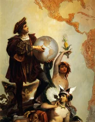 Kristoffer Columbus (1451-1506), detalj ur Allegori över Karl V av Habsburg (1500-1558) som världens härskare, målning av Peter Johann Nepomuk Geiger (1805-1880), Tronsalen, slottet Miramare, Trieste, Friuli-Venezia Giulia, Italien