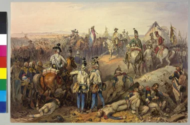Första koalitionskriget. 18.3.1793: Karls slag vid Neerwinden 1793 (akvarell)