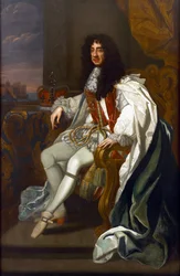 Barock : Porträtt av Charles II av England (1630-1685), i dräkter av Strumpebandsorden par Lely, Sir Peter (1618-1680). Olja på duk, 213,5x140. Privat samling