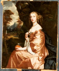 Porträtt av Lady Penelope Nicholas, som håller en apelsin i ett landskap