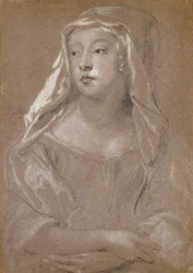 Porträtt av en ung dam, traditionellt identifierad som Sarah Jennings, hertiginna av Marlborough, halvlängd, håller en bok, händerna i kors i knäet, hennes huvudklänning draperad på hennes axlar, 1667