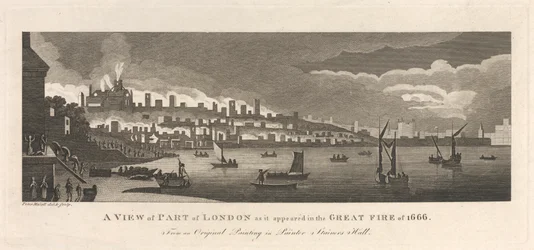 En vy över en del av London som den såg ut i den stora branden 1666