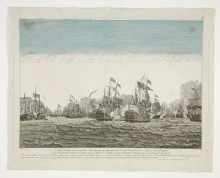 En representation av den minnesvärda aktionen mellan den brittiska flottan under befäl av amiral Lord Rodney och den franska flottan under befälet av greve de Graffe, mellan öarna Domenica och Guadaloupe 12 april 1782