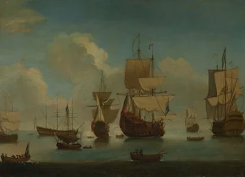 Engelska krigsfartyg för ankar i lugnt väder, torkar segel, tidigt 1700-tal (olja på duk)