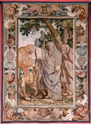 flamländsk gobeläng. Serie Historien om konsuln Decius Mus. Valerius välsignar Decius. Fjärde gobelängen i serien. Modell PP Rubens. ; Tillverkning Jan Raes II, Bryssel. Ca 1620-1629. Tyg Guld, silver, siden och ull. Storlek 405 x 330 cm. Plats Royal Pal