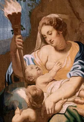flamländsk gobeläng. Serien Nattvardens triumf. Allegory of Charity som upplyser världen (Alegoría de la Caridad iluminando al mundoà. Tjugonde gobelängen i serien. Modell Peter Paul Rubens. 1626-1628. Tillverkning Jan II Raes, Bryssel