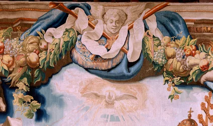 flamländsk gobeläng. Serien Nattvardens triumf. Eukaristins försvarare (os defensores de la Eucaristía). Tionde gobeläng i serien. Modell Peter Paul Rubens. 1626-1628. Tillverkning Jan II Raes, Hans Vervoert, Jacques Fobert, Bryssel