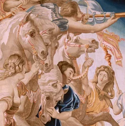 flamländsk gobeläng. Serien Nattvardens triumf. Kyrkans triumf (El Triunfo de la Iglesia). Åttonde gobeläng i serien. Modell Peter Paul Rubens. 1626-1628. Tillverkning Jan II Raes, Bryssel