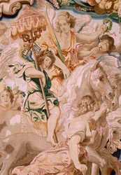 flamländsk gobeläng. Serien Nattvardens triumf. Kyrkans triumf (El Triunfo de la Iglesia). Åttonde gobeläng i serien. Modell Peter Paul Rubens. 1626-1628. Tillverkning Jan II Raes, Bryssel