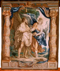 flamländsk gobeläng. Serien Nattvardens triumf. Profeten Elias tröstas av ängeln (El profeta Elías confortado por el ángel). Femte gobeläng i serien. Modell Peter Paul Rubens. 1626-1628. Tillverkning Jacob II Geubels, Bryssel