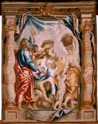 flamländsk gobeläng. Mannas fall i öknen (La caída del maná en el desierto). Serien Nattvardens triumf. Tredje tapeten i serien. Modell Peter Paul Rubens. 1626-1628. Tillverkning Jan II Raes, Jacob II Geubels, Hans Vervoert, Ja