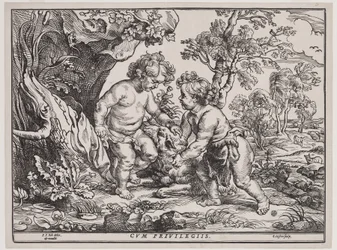 Spädbarn Kristus och Sankt Johannes leker med ett lamm, gravyr av Christoffel Jegher (1596-1653), efter 1632 (träsnitt)