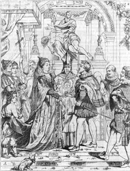 Äktenskap genom fullmakt av Marie de Medicis (1576-1642) med Henrik IV i Florens, 5 oktober 1600. Gravyr av Pierre Paul (Pierre-Paul) Rubens (eller Peter Paul eller Petrus Paulus) (1577-1640).