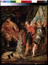 Mucius Scaevola devant Porsenna (Micius Scaevola före Porsenna). Caius Mucius Scaevola, jeune patrician romain capture par la garde royale de Porsenna (Porsinna, Porsena)