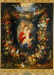 Jungfru Maria och barnet med krans av blommor och frukter...