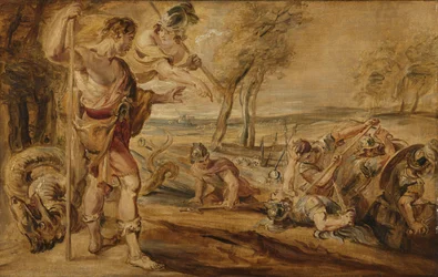 Cadmus, guidad av Minerva, observerar Spartoi-striderna