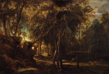 En skog i gryningen med hjortjakt, ca 1635