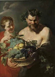 En satyr håller en korg med druvor och kvittenfrukter tillsammans med en nymf, av Peter Paul Rubens