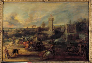 En turnering nära depån av Steen Castle (medeltiden). Flamländsk målning av Pierre Paul (Pierre-Paul) Rubens (eller Peter Paul eller Petrus Paulus) (1577-1640)