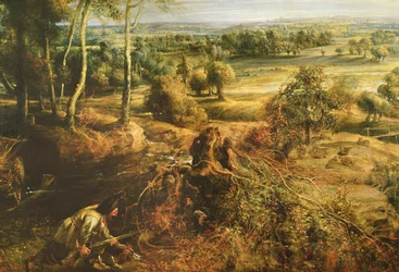 Ett höstlandskap med utsikt över Het Steen tidigt på morgonen, ca 1636, detalj av 211075